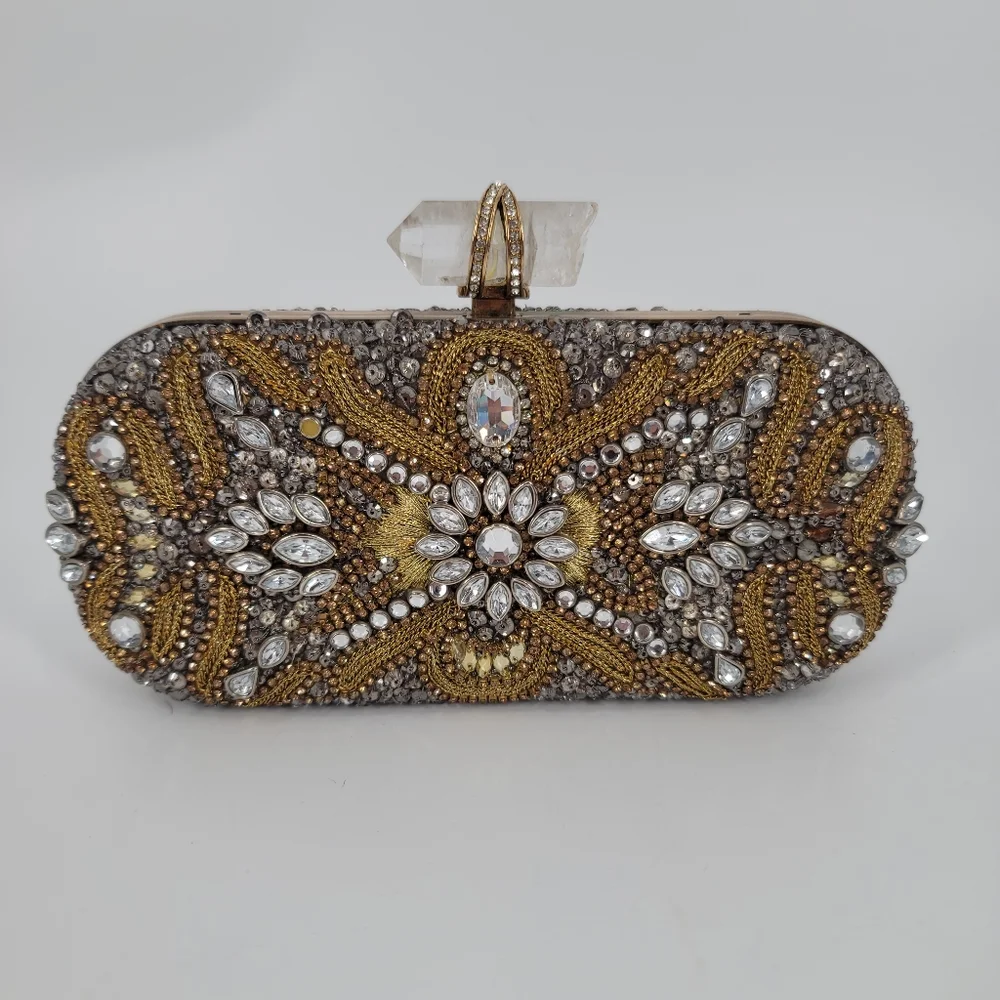 Marchesa Crystal Embellished Gold Evening Clutch with Strap and Dustbag